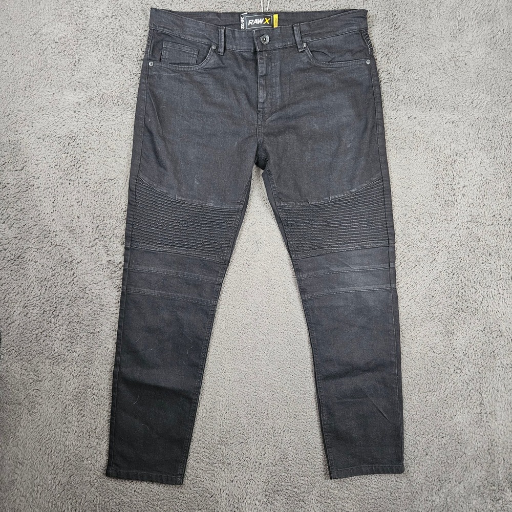 Raw X Mens‎ Black Skinny Moto Biker Jeans Ribbed Pintuck Stretch Denim 36x32